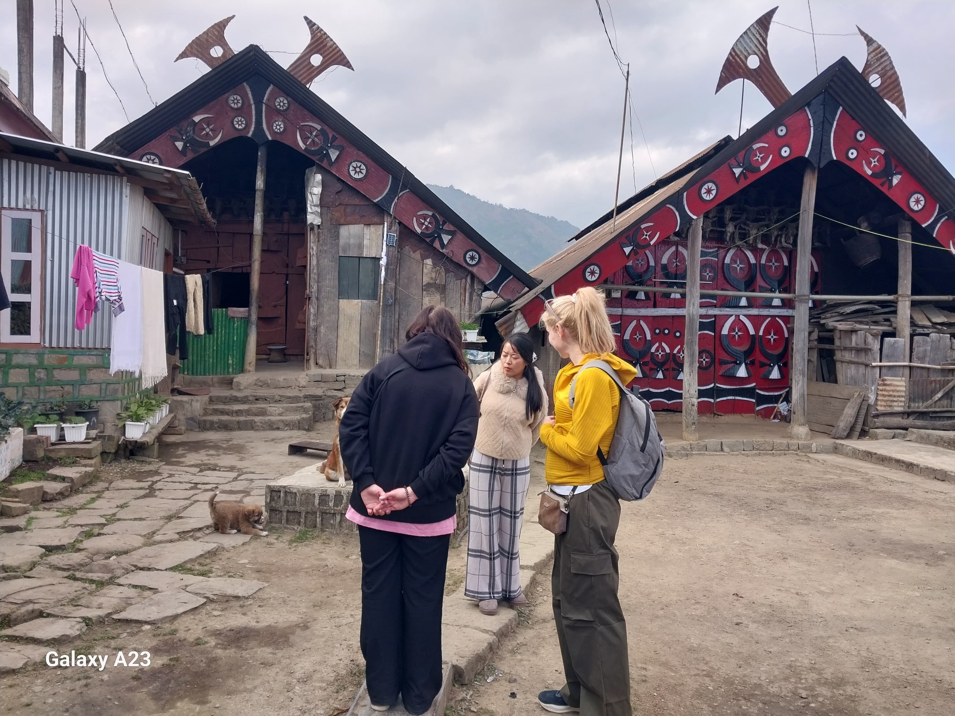 The travellers speaking with a local guide outside two decorated Naga houses in Khonoma village