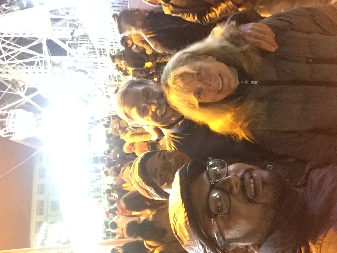 A night selfie at the Hornbill Night Carnival on the Kohima high street, showing Mr. Gulder and his wife with their local guide, taken under the bright lights of a Ferris wheel with crowds in the background