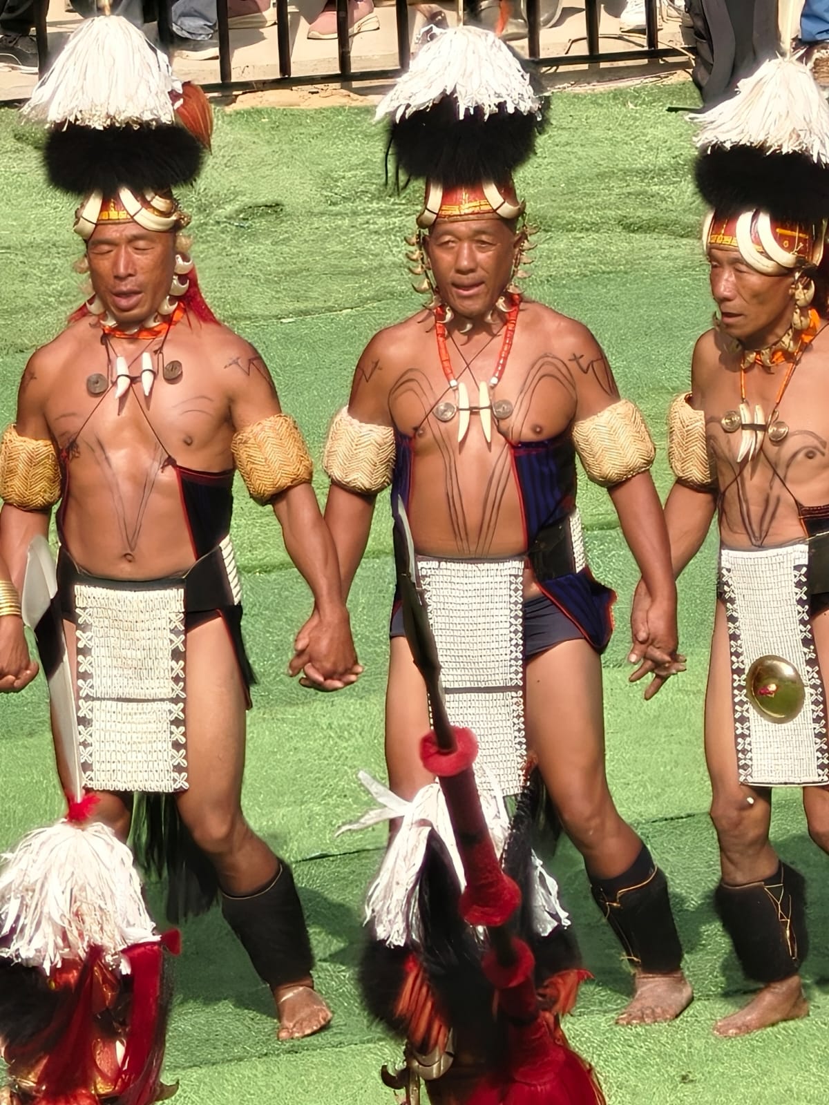 Konyak Naga warriors in white plume headdresses and body paint holding hands during a performance at the Hornbill Festival arena