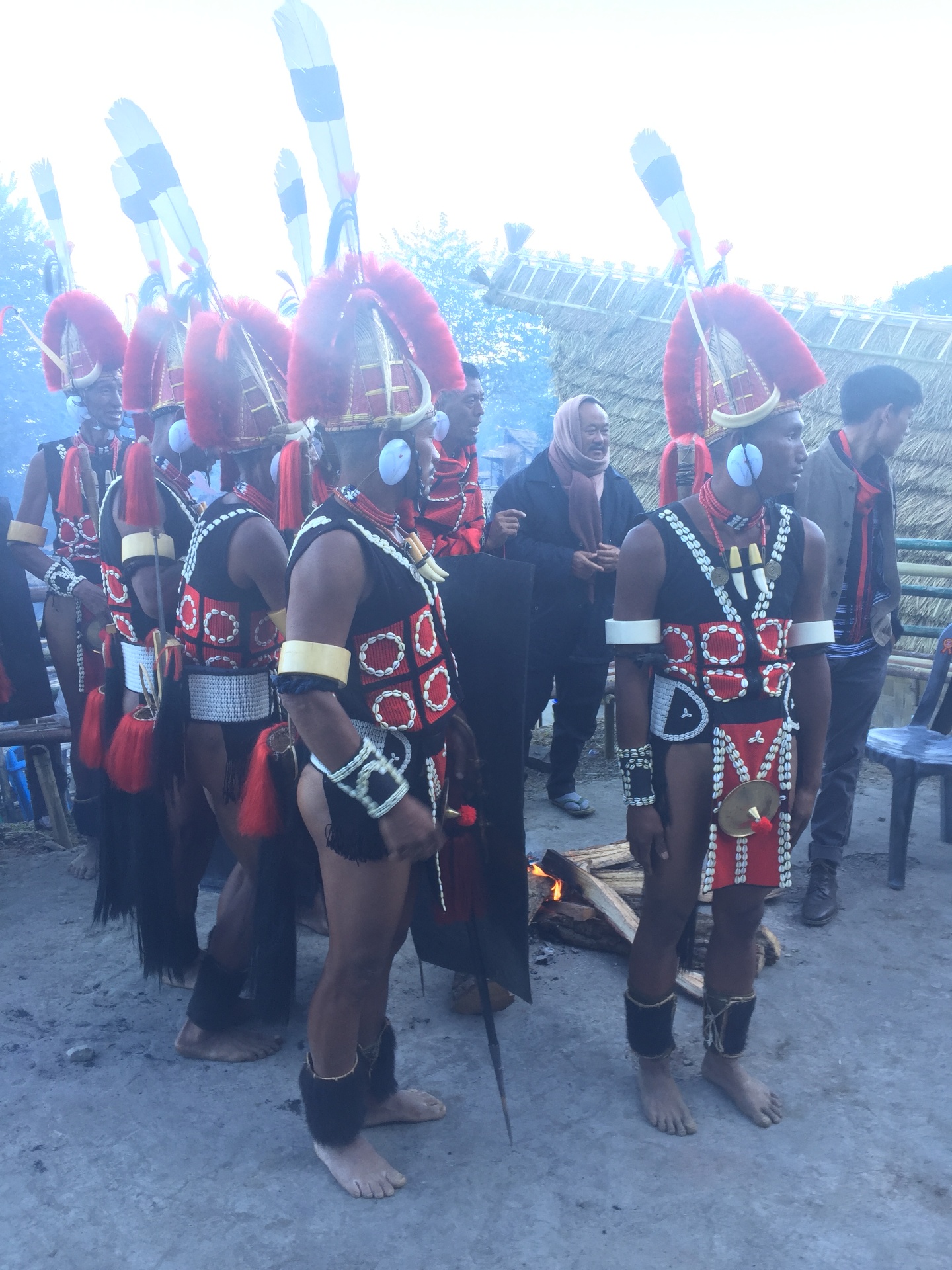 A group of Naga warriors in tall red-fur headdresses with white feathers, cowrie-shell aprons and bone-white armbands standing beside a wood fire outside a thatched morung at Kisama Heritage Village in the early evening
