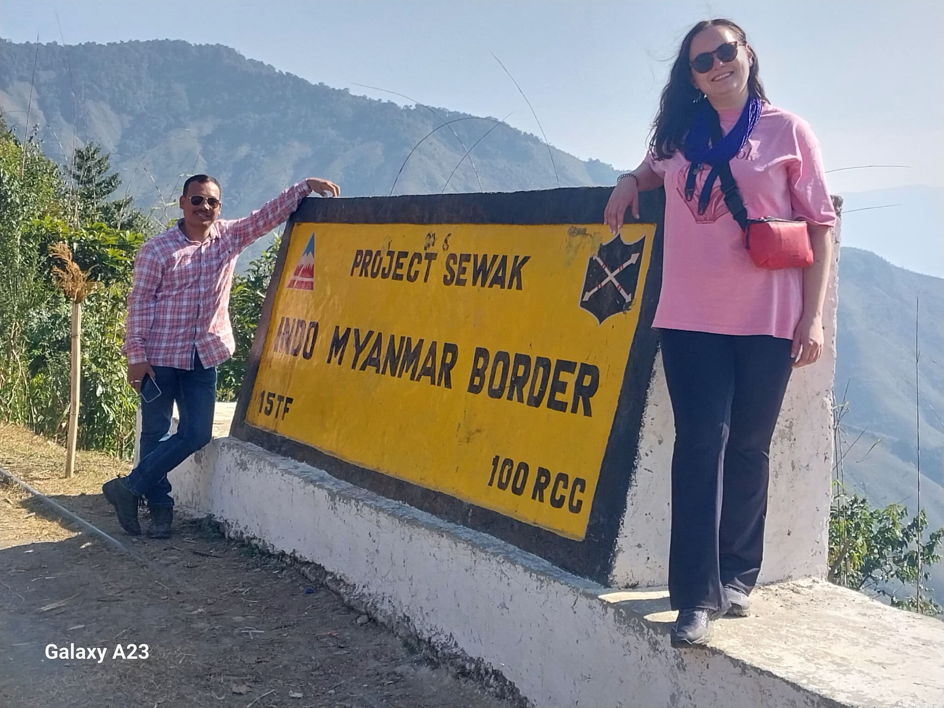 Natalia's travel companion at the Indo-Myanmar border marker near Mon, Nagaland